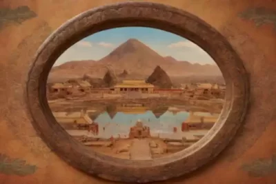 Espejo que refleja símbolos culturales y tradiciones ancestrales en un paisaje diverso y cálido