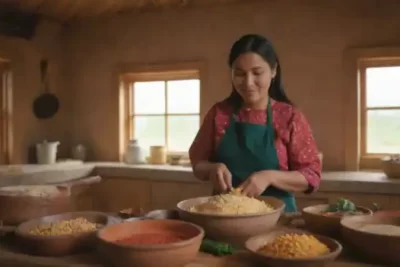 Chef indígena sonriente cocinando un plato colorido en una cocina rústica
