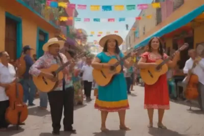 Músicos de diversas etnias tocan instrumentos tradicionales en un colorido festival callejero de América Latina