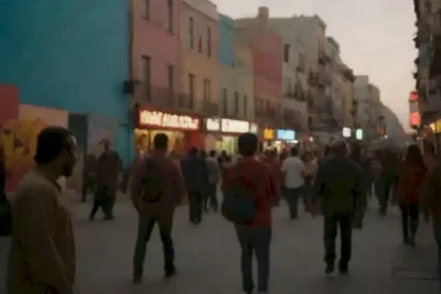 Ciudad vibrante al atardecer