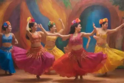 Grupo de bailarines en trajes tradicionales danzando en un ambiente festivo y colorido