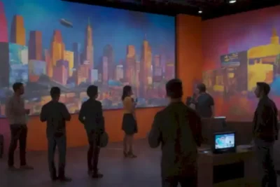 Escena cinematográfica futurista con cineastas diversos en un set vibrante