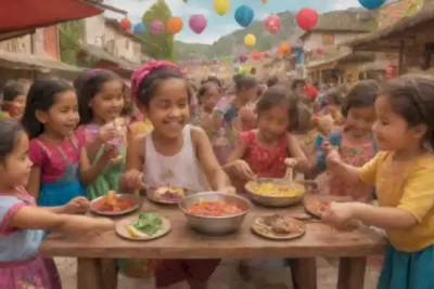 Grupo diverso de niños participando en actividades tradicionales al aire libre