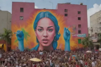 Escena vibrante de un festival de arte urbano en América Latina con murales coloridos