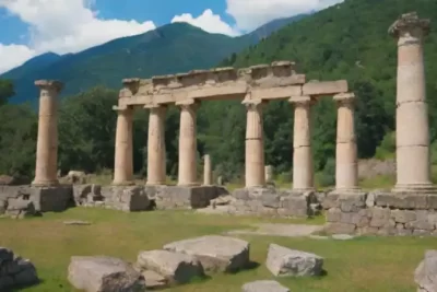 Sitio arqueológico antiguo con turistas explorando ruinas rodeadas de vegetación y montañas