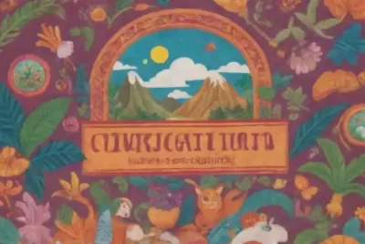Portada de libro con un libro abierto rodeado de ilustraciones coloridas y elementos culturales de América Latina