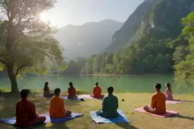 Grupo diverso meditando en un paisaje sereno con montañas