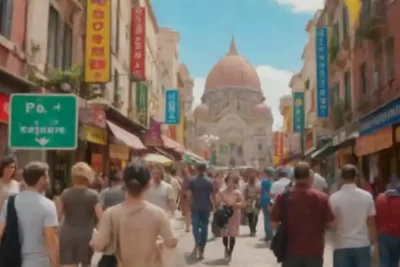 Viajero explorando alegremente una ciudad vibrante con carteles en varios idiomas y gente local conversando
