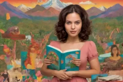 Figura femenina inspiradora rodeada de libros vibrantes y un collage colorido de paisajes latinoamericanos