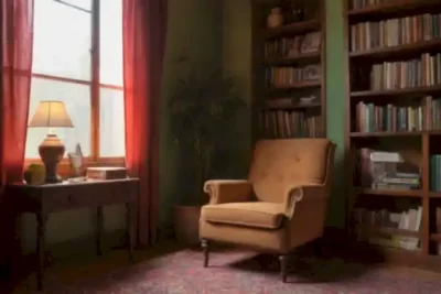 Escena literaria latinoamericana con una estantería vintage llena de autobiografías coloridas