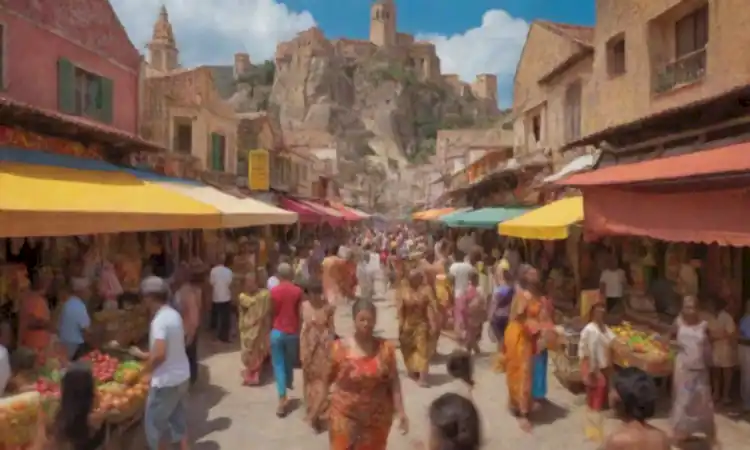 Escena dividida que muestra un colorido mercado con diversidad cultural y