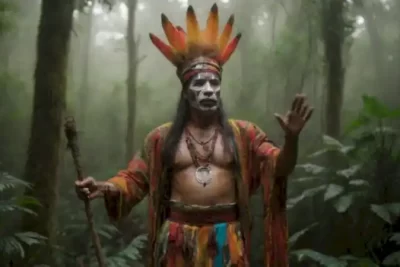 Un chamán latinoamericano en un bosque denso realiza un ritual