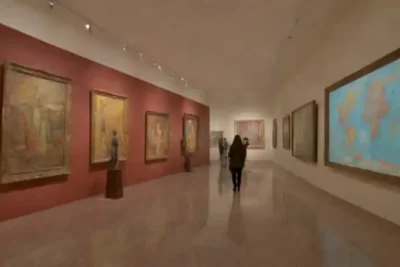 Collage digital vibrante de museos icónicos de América Latina en un entorno virtual futurista