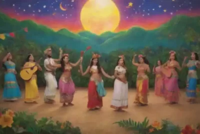 Escena vibrante de músicos latinoamericanos tocando instrumentos tradicionales junto a símbolos religiosos