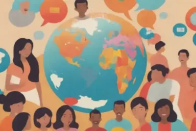 Ilustración colorida de un globo terráqueo con países hispanohablantes destacados