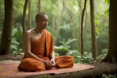 Monje budista meditando en una selva tropical