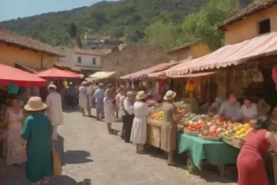 Mercado local vibrante con turistas interactuando con vendedores en un pueblo pintoresco