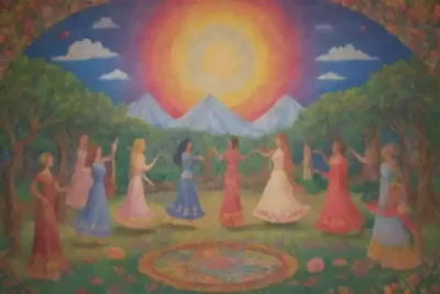 Tapiz colorido que muestra a diversas personas en actividades artísticas