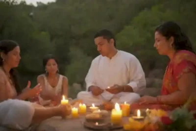 Grupo diverso de personas practicando espiritualidad al aire libre