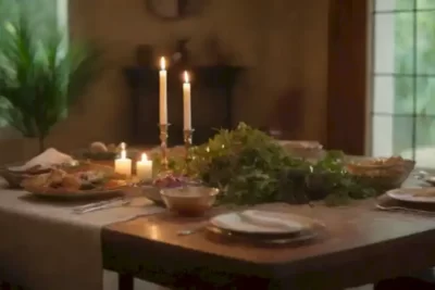 Mesa diversa con platos simbólicos rodeada de vegetación y luz suave