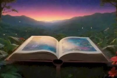 Ilustración de realismo mágico latinoamericano con un libro abierto y elementos fantásticos en un paisaje onírico lleno de colores vívidos