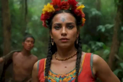 Fusión colorida de personajes mitológicos latinos con elementos cinematográficos en paisajes diversos
