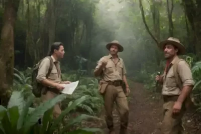 Exploradores latinoamericanos en una jungla densa descubren ruinas antiguas y fauna vibrante