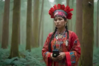 Persona indígena en un bosque vibrante