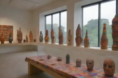 Espacio de exhibición en un museo moderno con artefactos de folklore latinoamericano