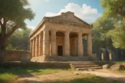 Sitio arqueológico antiguo con ruinas y artefactos en un paisaje verde