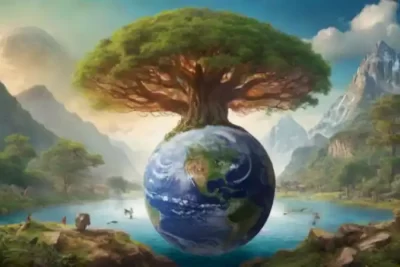 Representación artística de la historia del lenguaje con escrituras antiguas surgiendo de un paisaje vibrante y diverso de la Tierra