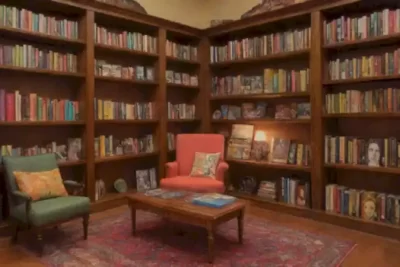 Estante de libros ilustrado lleno de obras de autores latinoamericanos