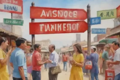 Celebración de lenguas locales en un entorno turístico vibrante con señales coloridas