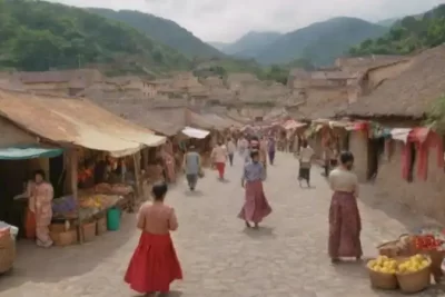 Escena vibrante de comunidades diversas participando en turismo cultural en un colorido pueblo con actividades tradicionales