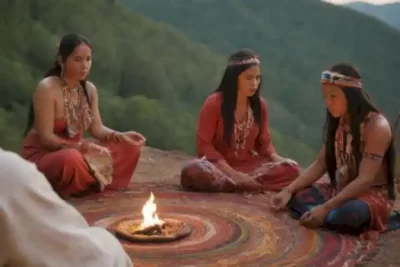 Ceremonia de sanación espiritual con indígenas en un entorno vibrante y natural