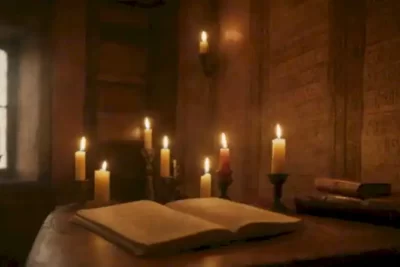 Sala ambientada con manuscritos y artefactos antiguos