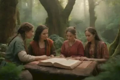 Personajes de folklore de diversas culturas en un bosque mágico
