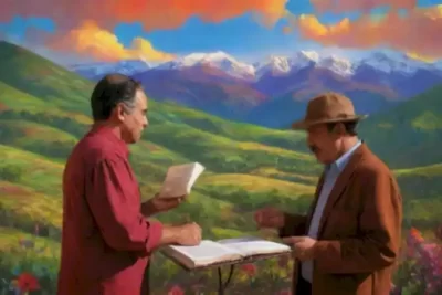 Representación artística de poetas venezolanos en un paisaje vibrante con montañas