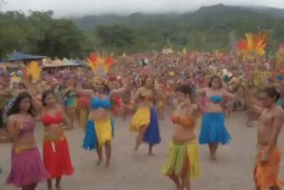 Collage vibrante de festivales espirituales en América Latina con danzantes