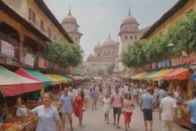 Mercado vibrante que celebra la diversidad lingüística con personas de diferentes etnias conversando entre coloridos carteles