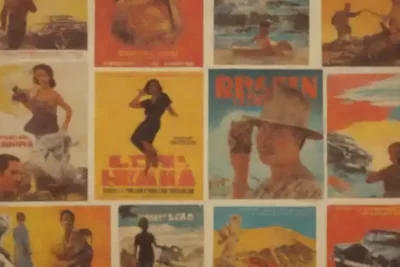 Collage de elementos icónicos del cine latinoamericano con rollos de película retro