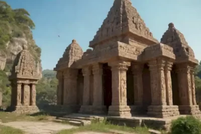 Templo antiguo con diversos estilos arquitectónicos rodeado de vegetación