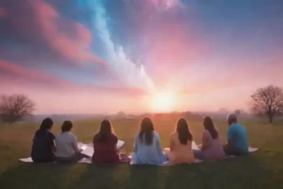 Grupo diverso de personas meditando bajo un cielo radiante