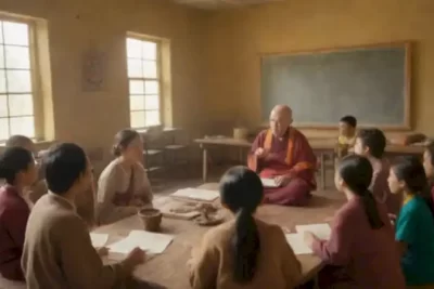 Grupo diverso de estudiantes rodeando a un anciano en un aula vibrante