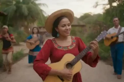Músicos tradicionales de América Latina tocan instrumentos rodeados de bailarines y plantas tropicales bajo un cielo de atardecer